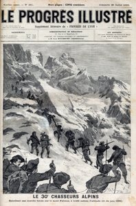 30. alppimetsästäjät suorittamassa pakkomarssia Pelvoux-vuorella 3400 metrin korkeudessa 21.-24.6.1895 - kaiverrus "Le Progres illustrious"" vuodelta 1895 tekijältä Unknown artist