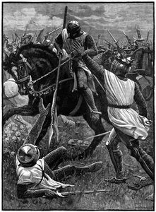 Eveshamin taistelu, 4. elokuuta 1265. (n. 1800). Evesham merkitsi toisen paronien sodan loppua. Prinssi Edwardin (Edward I) johtamat kuninkaalliset joukot voittivat Simon de Montfortin (c1208-1265), joka kuoli taistelussa. Täällä Henrik III (1207-1272), jo tekijältä Unknown artist