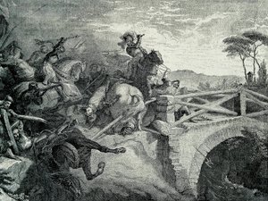 Gariglianon (Garellano) taistelu ranskalaisten ja espanjalaisten välillä kolmannen Italian sodan aikana, 29. joulukuuta 1503.: Gonzalo Fernandez De Cordoba nimeltä El Gran Capitan tekijältä Unknown artist