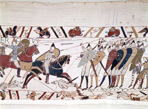 Hastingsin taistelu, jonka William I Valloittaja (1027 - 1087) voitti 14.10.1066 ja jonka aikana Englannin kuningas Harold II kuoli (1022 - 1066). Bayeux