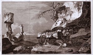 Pääsiäissaari (Rapa Nui) Polynesiassa "Viaggi del Capitano Cookin" jälkeen, kaiverrus 1800-luvulta. tekijältä Unknown artist