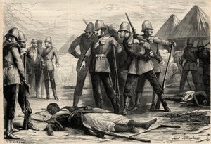 Etiopian keisari (negus) Theodoros II (Tewodros) kuoli 13. huhtikuuta 1868 sen jälkeen, kun englantilaiset valtasivat Magdalan, jonne negusit olivat vetäytyneet. Kaiverrus "" L