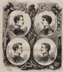 Neljä Sergenttiä (Jean Francois Bories (1795-1822), Jean Joseph Pommier (1796-1822), Marius Claude Raoulx (1797-1822)) ja Charles Goubin (1798-1822) La Rochellesta, joita syytettiin entisöinnin aikana halusta kukistaa monarkia ja giljotiinit vuonna 1822 tekijältä Unknown artist