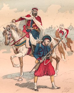 Ranskan armeija Louis Philippen hallituksessa 1830-1848 - Zouave ja Spahi - Kaiverrus vuodelta 1882 kirjassa "" Histoire de dix ans: 1830-1840""" Louis-Blanc (1811-1882) tekijältä Unknown artist