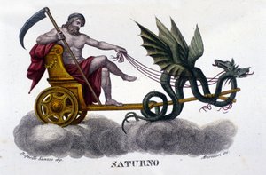 Jumala Saturnus (tai Cronos) kahden lohikäärmeen ampumassa panssarivaunussa. Raffaello Sanzion kuvituksesta. Kaiverrus 1800-luvulta. tekijältä Unknown artist