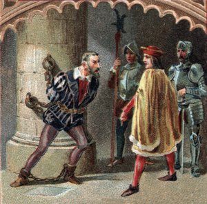 Ranskan kuningas Ludvig XII on lukinnut Ludovic Marie Sforzan, joka tunnetaan nimellä More (Ludovico Maria Sforza detto il Moro) (1452-1508), Lochesin linnaan Tourainessa. 1800-luvun lopun kromolitografia tekijältä Unknown artist