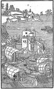 Rhodoksen ritarit (Jerusalemin Pyhän Johanneksen sairaalahoitajien ritarikunta) hyökkäämässä Rhode Islandia vastaan ​​Guilelmus Caorsinin, Ulmae, Joh. Hallitus lokakuuta tekijältä Unknown artist