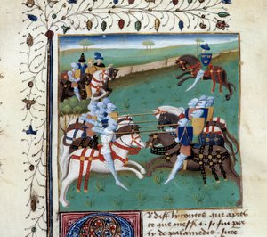 Knights of the Round Table osallistuu ritarilliseen turnaukseen. Miniatyyri Master Charles of Mainen käsikirjoituksesta "Tristanin romaani". tekijältä Unknown artist