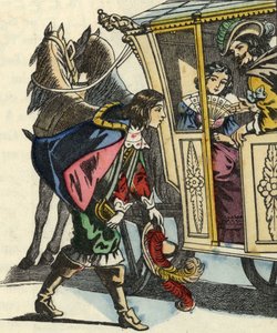 Carabasin markiisi tervehtii kuningasta ja prinsessaa heidän vaunuissaan. Kuvitus Charles Perraultin tarinasta "Kissapullo". tekijältä Unknown artist