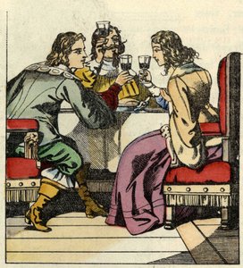 Carabasin markiisi kutsuu prinsessan ja kuninkaan syömään linnaan. Kuvitus Charles Perraultin tarinasta "Kissapullo". tekijältä Unknown artist
