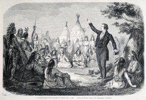 Mormonien profeetta Joseph Smith saarnaa intiaaneja (Pohjois-Amerikka). 1800-luvun kuvitus. tekijältä Unknown artist