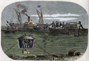 Tohtori Antoine Prosper Payernen "Nautilus"-sukelluskello kokeili Pariisin Seine-joella ja kehitettiin sitten Yhdysvalloissa. Kaiverrus (1858) Le “” Monde illustrious” -lehdessä”. tekijältä Unknown artist