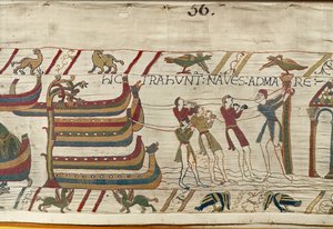 Normanit vetävät laivansa merelle, Bayeux Tapestry (villakirjonta pellavalle) tekijältä Unknown artist
