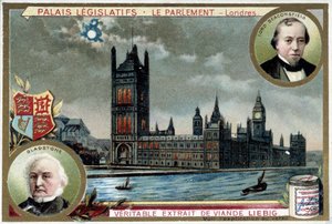 Westminsterin palatsi eli Lontoon parlamentti (Englanti), jossa muotokuvia William Ewart Gladstonesta (1809-1898) ja Benjamin Disraelista, Lord Beaconsfieldistä (1804-1881) - Liebig-kromolitografia tekijältä Unknown artist