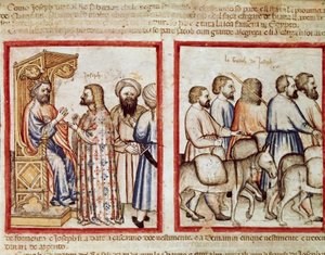 Faarao kertoo unelmansa Joseph Miniaturelle Codex 212:sta (tai Padovanista tai Padovan Raamatusta) 1390-1400 Rovigo, Accademia dei Concordi tekijältä Unknown artist