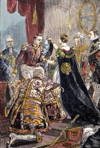 Kuningatar Victoria sijoittaa Ranskan keisarille sukkanauharitarikunnan Windsorin linnassa tekijältä Unknown artist
