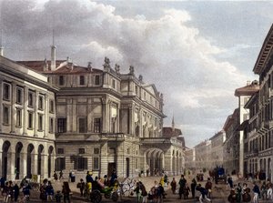 Teatro alla Scala Milanossa 1800-luvun alussa. Kauden kaiverrus. Museo della Scala de Milano tekijältä Unknown artist