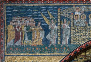 Taivaallisen Jerusalemin visio: Valitut liikkuvat kohti enkelien vartioimaa kaupunkia. Yksityiskohta. Mosaiikki noin 830. Santa Prasseden basilikan riemukaari, Rooma tekijältä Unknown artist