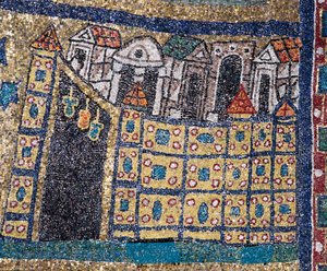 Taivaallisen Jerusalemin visio: yksityiskohta Jerusalemista, joka on esitetty linnoitettuna lainauksena. Mosaiikki noin 830. Santa Prasseden basilikan riemukaari, Rooma tekijältä Unknown artist