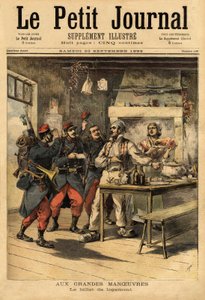 Majoituslippu, jonka armeija tarjoaa sotilailleen kentällä, jotta he voivat pyytää majoitusta siviileiltä. Kaiverrus "" Le petit Journal" -lehdessä 23.9.1893. Selvan kokoelma. tekijältä Unknown artist