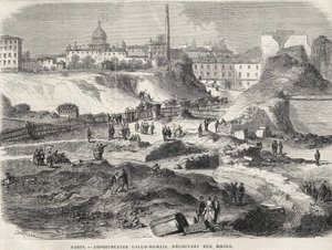 Amfiteatteri Gallo Romain löysi Rue Mongesta Pariisista vuonna 1870, nykyisen Arenes de Lutècen. Kaiverrus 1800-luvulta. tekijältä Unknown artist