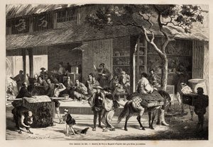 Talon animaatio ja kadun toiminta. Kaiverrus havainnollistamaan matkaa Japaniin vuosina 1863-1864, Sveitsin valaliiton ministeri Aime Humbert "" Le tour du monde, nouveau journal des voyages" -julkaisussa, joka julkaistiin johdolla. tekijältä Unknown artist