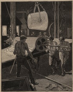 Lasin taito: jäätelön valmistus. Vaihe nimeltä "iso virtaus". Kaiverrus vuodelta 1885 kirjassa "Les arts et metiers illustres", kirjoittanut Adolphe BITARD. tekijältä Unknown artist