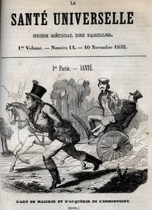 Painonpudotuksen ja ylipainon taito: yksi mies kävelee, kun toinen kuljetetaan vaunuissa - kaiverrus "La Sante Universelle - Guide Medical des Familles" 1852 tekijältä Unknown artist