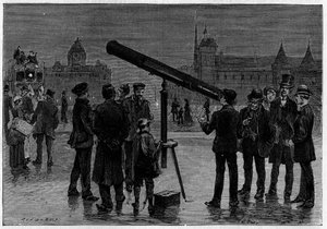 Tähtitieteilijä ja hänen tähtitieteellinen kehys Place du Chatelet -aukiolla Pariisissa Venuksen planeetan havaintojen aikaan helmikuussa 1889. Kaiverrus "" La Nature -kirjaan. Revue des sciences et de ses applications aux arts et a l