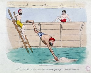 Kylpylä: karikatyyri julkisista kylpylöistä (uima-altaista) Pariisissa - 1800-luvulla, Carnavalet. tekijältä Unknown artist