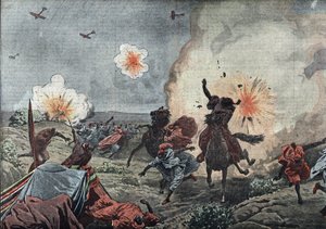 Der Beginn der Kriegsfliegerei: Die Militärflieger der französischen Armee zerstreuen mit Bomben die rebellischen Riata um Taza in Marokko, Juli 1914 von Unknown Artist