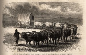 Isot tasangot ohjaavat ja sen vetokoukku. Kaiverrus havainnollistamaan matkaa Amerikan kaukaa länteen, M. L. Simonin, vuonna 1867, julkaistiin "Le tour du monde, nouveau journal des voyages" -lehdessä, toimittanut Edouard Charton tekijältä Unknown artist