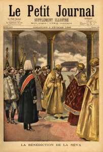 Nevan siunaus, venäläinen perinne, joka tapahtuu Pietarissa joka vuosi loppiaisen aikaan. Kaiverrus "" Le petit Journal" -lehdessä 3.2.1895. Selvan kokoelma. tekijältä Unknown artist