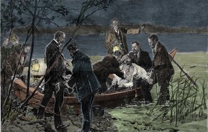 Baviere Wittelsbachin (1845-1886) Louis (Ludwig) II:n ruumis hukkui tohtori Guddenin kanssa Starnberg-järvestä lähellä Bergin linnaa kesäkuussa 1886 Kaiverrus tekijältä Unknown artist