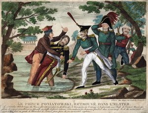Eelster-joesta 23. lokakuuta 1813 löydetty prinssi Joseph (Jozef) Antoni Poniatowskin ruumis (v. 1763), sen ajan kaiverrus tekijältä Unknown artist