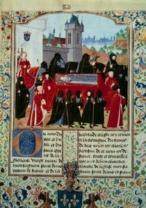 Edesmenneen kuningas Kaarle VI:n (1368-1422) ruumis viedään pois, kulkueen takana uusi kuningas Kaarle VII (1403-1461) 22.10.1422 pienoismalli käsikirjoituksesta "" Kaarle VII:n kronikat"" (Ms. . fr. 2691), kirjoittanut Jean Chartier tekijältä Unknown artist