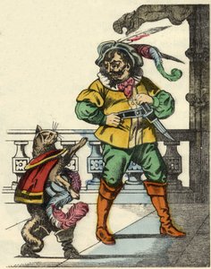 Saapaskissa kohtaa ogren. Kuvitus Charles Perraultin tarinasta "Kissapullo". tekijältä Unknown artist
