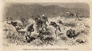 Henry Morton Stanleyn retkikunnan (1841-1904) kuljettajien karavaani Misonghi-tiellä (Itä-Afrikka) joutui mehiläispilven kimppuun. Kaiverrus havainnollistamaan matkaa etsimään Livingstonea Keski-Afrikasta, kirjoittanut Henry Stanley, kirjeenvaihtaja tekijältä Unknown artist