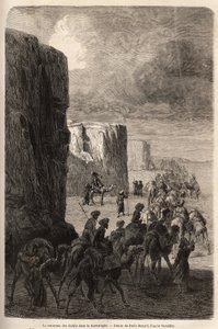 Hajien (muslimpeleriinien) karavaani Korantaghissa (Persia, Iran). Emile Bayardin (1837-1891) piirustus havainnollistamaan matkaa Keski-Aasiaan vuonna 1863, Arminius Vamberyn (unkarilainen tiedemies naamioitunut dervishiin). Kaiverrus "" Le tour du mond tekijältä Unknown artist
