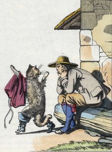 Kissa pyytää isäntältään vaatteita ja saappaita ja lupaa rikastua pian. Kuva Charles Perraultin tarinasta "Le chat botte" tekijältä Unknown artist