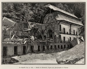Arven ylivuoto tuhosi kappelin. Berteault-kaiverrus havainnollistamaan tarinaa "La Catastrophe de Saint Gervais les Bains" tekijältä Unknown artist