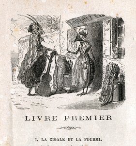 Cicada ja muurahainen. La Fontainen satu. 1800-luvun kaiverrus. tekijältä Unknown artist
