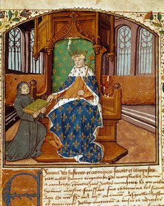 Kolumnisti kirjailija Enguerrand de Monstrelet (1400-1453) lahjoittaa kirjansa kuningas Kaarle VII:lle (1403-1467) Miniatyyri Chronicles d