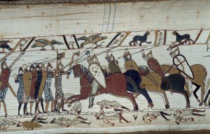 Normandian herttua William Valloittajan (1027-1087) valloittanut Englannin vuonna 1066: kohtaus Hastingsin taistelusta, joka vastusti normannin jalkaväkeä saksin ratsuväkeä vastaan. Yksityiskohta Bayeux