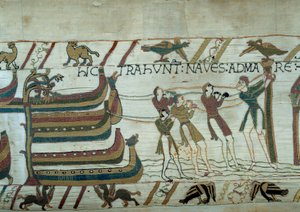 Normandian herttua William Valloittajan (1027-1087) armeija valloitti Englannin: tuskin rakennettuja laivoja lasketaan merelle Yksityiskohta Bayeux