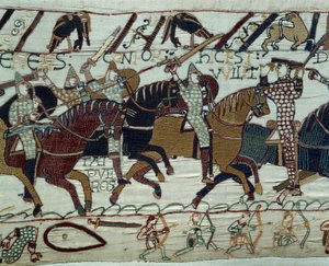 Normandian herttua William Valloittajan (1027-1087) armeija valloitti Englannin: sotilaat tunnistavat herttua Guillaumen nostamalla kypäränsä Hastingsin taistelun aikana. Yksityiskohta Bayeux