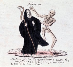 Kuoleman tanssi, abbessa ja luuranko (tulosta) tekijältä Unknown artist