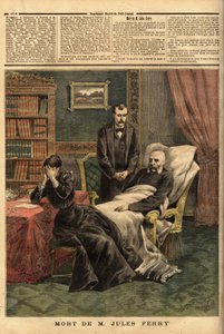 Jules Ferryn (1832-1893), republikaanipoliitikon, Laique-koulun puolustajan ja siirtomaavallan laajentamisen kannattajan, kuolema. Kaiverrus "" Le petit Journal" -lehdessä 1/04/1893. Selvan kokoelma. tekijältä Unknown artist