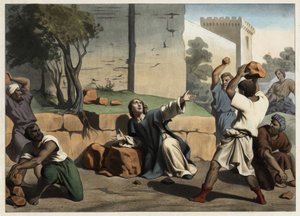 Pyhän Stefanoksen kuolema: Juutalaisten kivittämä Pyhä Stefanus pidetään ensimmäisenä kristittynä marttyyrina. Anonyymi kaiverrus 1800-luvun puolivälistä. tekijältä Unknown artist