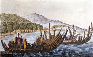 Tyynenmeren polynesialaisten osasto kaksoisrunkoisten kanoottien kyydissä. Litografia 1800-luvun alusta tekijältä Unknown artist